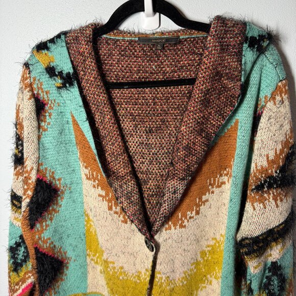 MaxSport Open 1 Button Hoodie Cardigan Eyelash Sweater XL Aztec Tribal Western - Picture 4 of 15